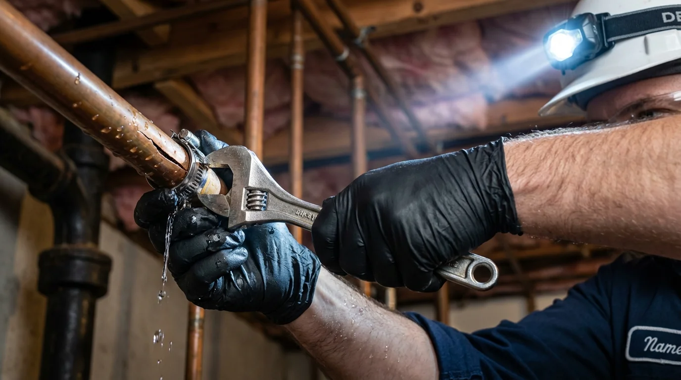 Emergency pipe clamp repair being performed by a Johns Plumbing LLC plumber in Schaumburg