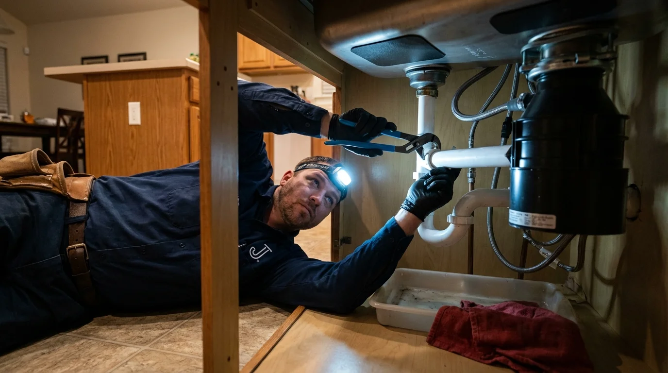 P-trap and supply line connections under a kitchen sink showing a common leak point in Schaumburg, IL